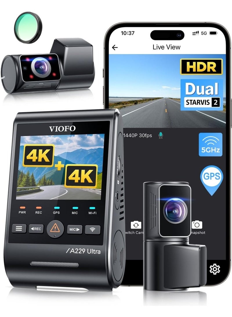 Viofo A229 Ultra 3 Channel Dash Camera for Car – Front 4K, Rear 4K & Fisheye Interior 1080P Car Dash Cam, Dashcam with GPS, Night Vision & Parking Mode - Image 1
